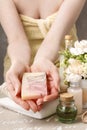 Woman holding bar of soap Royalty Free Stock Photo