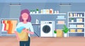 Woman holding basket with dirty clothes housewife doing housework laundry room interior cartoon character portrait flat