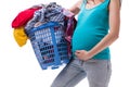 The woman holding basket of dirty clothing requiring washing Royalty Free Stock Photo