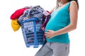 The woman holding basket of dirty clothing requiring washing Royalty Free Stock Photo