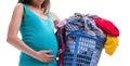 Woman holding basket of dirty clothing requiring washing Royalty Free Stock Photo