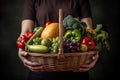 Woman Is Holding A Basket Full Of Fresh Colorful Fruits And Vegetables - Generative AI Royalty Free Stock Photo