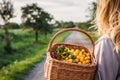 Woman holding basket with harvested yellow mirabelle plums on footpath Royalty Free Stock Photo