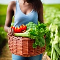 Woman holding the basket of her vegetable harvest Royalty Free Stock Photo