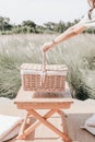 Woman holding basket ready to start picking up herbs and flowers on her garden in summer day Royalty Free Stock Photo