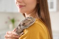 Woman holding bearded lizard indoors. Exotic pet Royalty Free Stock Photo