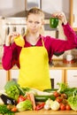 Woman holding bell peppers paprika thinking