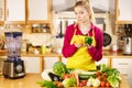 Woman holding bell peppers paprika thinking