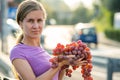 A woman holding big cluster of red juicy grapes in her hand Royalty Free Stock Photo