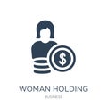 woman holding big coin icon in trendy design style. woman holding big coin icon isolated on white background. woman holding big Royalty Free Stock Photo