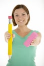 Woman Holding Big Pencil And Eraser Royalty Free Stock Photo