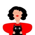 Woman holding black cat. Young girl face. Beautiful lady, female. Brunette hair. Avatar for social networks. Cute cartoon funny Royalty Free Stock Photo