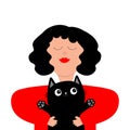 Woman holding black cat. Young girl face. Beautiful lady, female. Brunette hair. Cute cartoon funny character. Love pet. Avatar