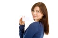Woman holding blank business card