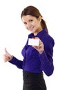 Woman holding blank business card giving thumbs up Royalty Free Stock Photo