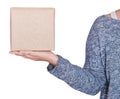 Woman holding blank carton box isolated. Mockup for design Royalty Free Stock Photo