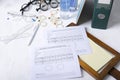 Optometrist`s workplace, blank prescriptions, eyeglasses, stationery. Concept of health eye care Royalty Free Stock Photo