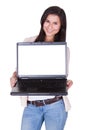 Woman holding a blank laptop