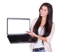 Woman holding a blank laptop