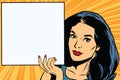 Woman holding blank poster pop art vector