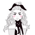 Woman holding blck cat. Sketch Vector. Cartoon. Isolated art