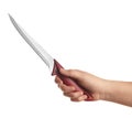 Woman holding boning knife on white background
