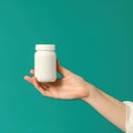 Woman holding a bottle of medication pills or supplements or vitamins. Illustration AI Generative