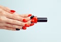 Woman holding bottle of red nail polish. Art Manicure. Modern style red black Nail Polish. Stylish Colorful stiletto Nails Royalty Free Stock Photo