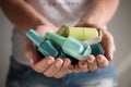 Woman holding bottles of colorful nail polishes, closeup Royalty Free Stock Photo