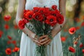 Woman holding a bouquet of red poppy flowers. Generative AI. Royalty Free Stock Photo