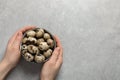 Woman holding bowl of quail eggs at light grey table, top view. Space for text Royalty Free Stock Photo