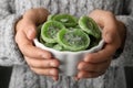 Woman holding bowl with slices of tasty kiwi, closeup. Royalty Free Stock Photo