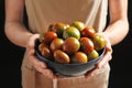 Woman holding bowl with tasty juicy tomatoes Royalty Free Stock Photo