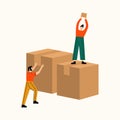 Woman holding a box and man pushing another box. Shipping and delivery information concept. Flat vector illustration
