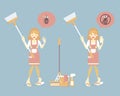 Woman holding broom, cleaning house with mop, bucket, spray, cockroach, pest control, chore concept