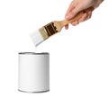 Woman holding brush over paint can on white background. Royalty Free Stock Photo