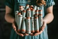 Woman holding a bunch of batteries in her hands.