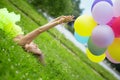 Woman holding bunch of colorful air balloons Royalty Free Stock Photo