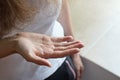 Woman holding bunch of fallen hair. Hair loss concept or Trichotillomania -behavioral problem,hair pulling disorder