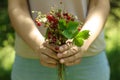 Woman holding bunch with fresh wild strawberries on blurred background, closeup Royalty Free Stock Photo