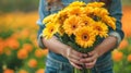 A woman holding a bunch of yellow flowers in her hands, AI Royalty Free Stock Photo