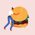 Woman holding burger, tiny human character holding and hugging a a huge cheeseburger with lettuce and beef patty, vector