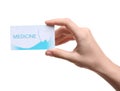 Woman holding business card on white, closeup. Dental medical service Royalty Free Stock Photo