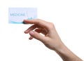 Woman holding business card isolated on white. Dental medical service Royalty Free Stock Photo