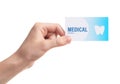 Woman holding business card isolated on white. Dental medical service Royalty Free Stock Photo