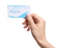 Woman holding business card isolated on white. Medical service Royalty Free Stock Photo