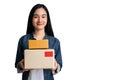 Woman holding cardboard box with clipping path on isolated