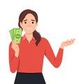 Woman holding cash money and confused thinking. Young woman dreaming about home investment travel car and money saving