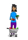 Woman holding cash with small grocery cart