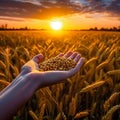 Woman holding cereals in a field with the sun in the background.